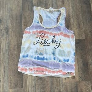 Y2K Lucky Brand Rainbow Logo Tie Dye Tank Top M Vintage 2000s Baby Tee